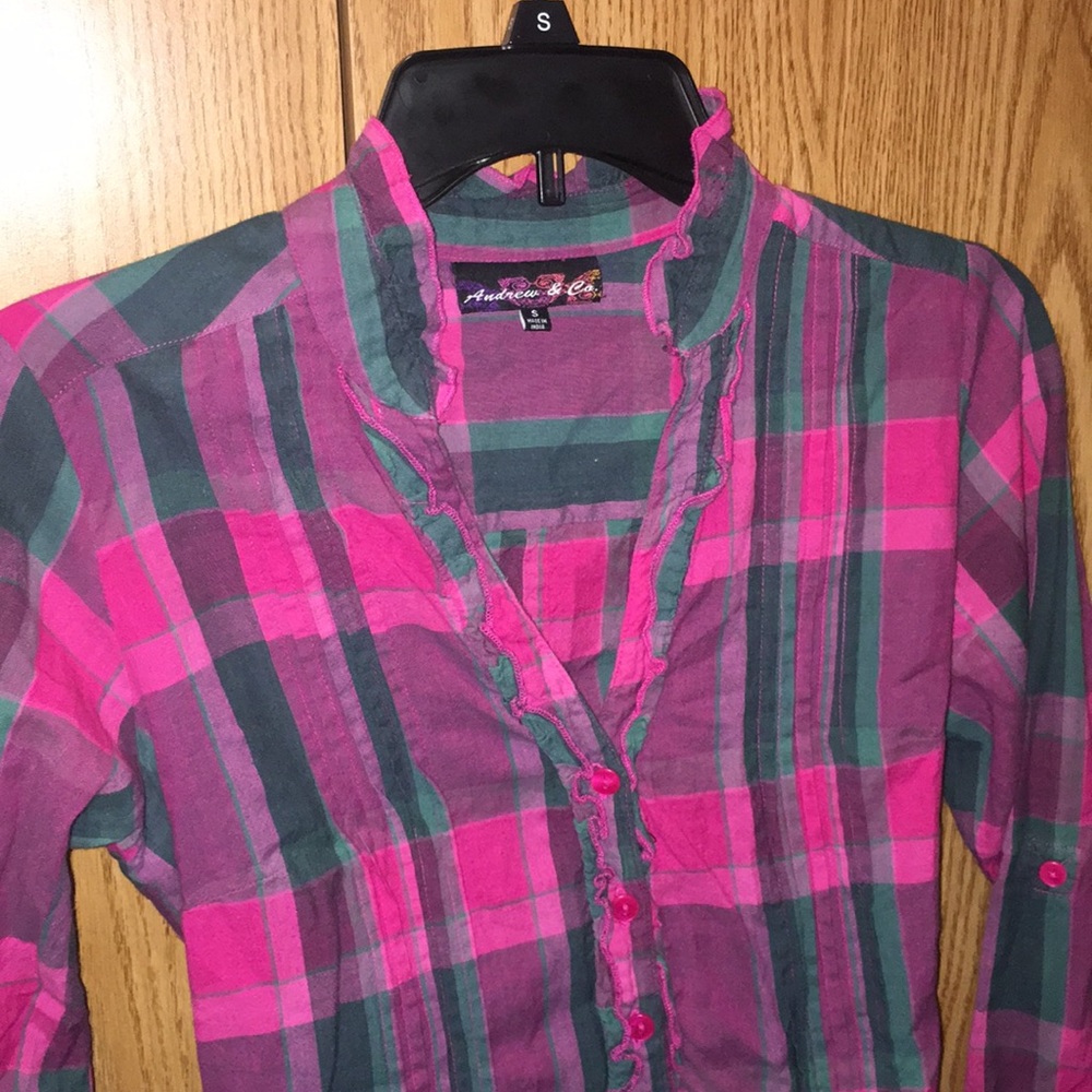 Pink Plaid Button Down w/ Ruffle Collar - Picture 2 of 5